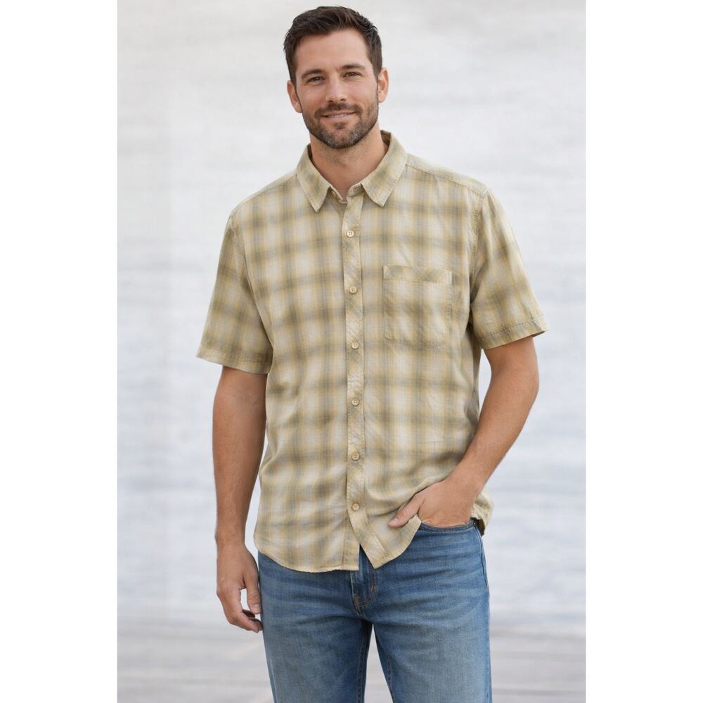 Horny Toad Men’s Organic Cotton Plaid Short Sleeve Shirt Beige Green XL